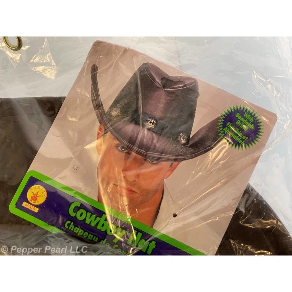 Western Cowboy Costume Hat Black 17 inch Brim Fold Flat Bad Guy Halloween